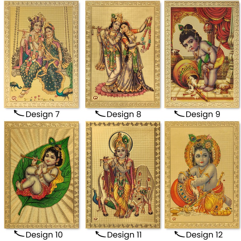 May include: Six different designs of gold-toned framed images featuring Hindu deity Krishna. The images depict Krishna in various poses, including playing the flute, with his consort Radha, and as a child. The images are framed with a gold-toned border and have a decorative pattern.