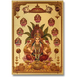 Ashta Lakshmi mit Kalash Goldener Folienaufkleber, gerahmt oder ungerahmt