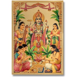 Satyanarayan Swamy Golden Foil Print – Hindu God Wall Art – A4 Size – Framed or Unframed Spiritual Decor for Altar, Temple, or Home