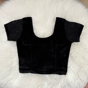 Black Velvet Choli with Short Lace Sleeves - Large