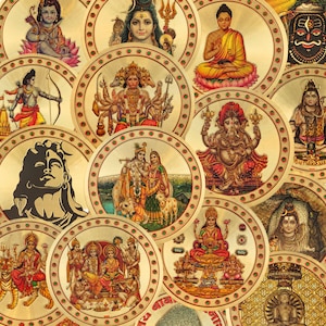 Hinduistische Götter Aufkleber, Krishna Aufkleber - Radha Krishna, Shiva, Hanuman, Ganesha, Lakshmi, Sita Ram, Durga & Buddha - Goldene Folie, Rund