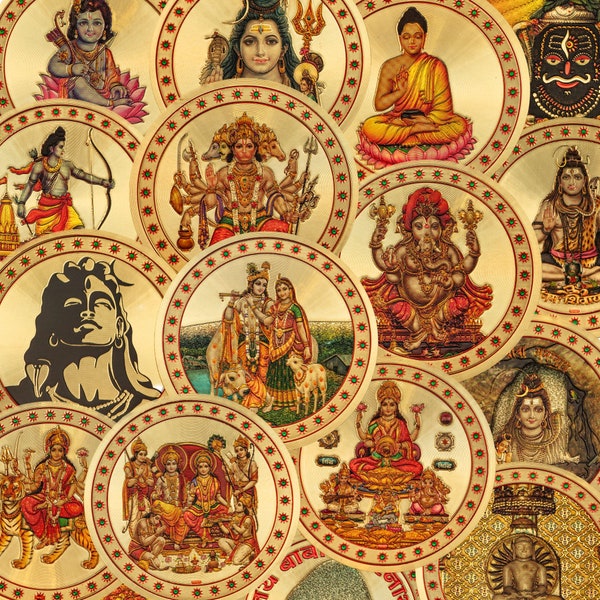 Hindu Gods Stickers, Krishna Stickers - Radha Krishna, Shiva, Hanuman, Ganesha, Lakshmi, Sita Ram, Durga & Buddha - Golden Foil, Round
