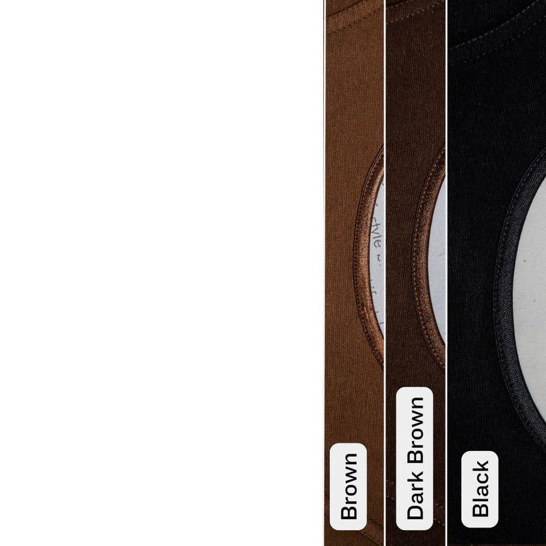 May include: Close-up of three different colored shirts: brown, dark brown, and black. Each shirt has a round neckline. The colors are labeled with white text on a black background.