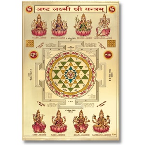 Ashta Lakshmi Shree Yantra Golden Foil Print, Framed or Unframed, US Letter Size (A4)