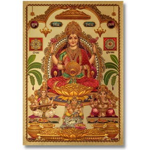Lakshmi Saraswati Ganesh Kuvera Goldene Folienaufkleber, gerahmt oder ungerahmt