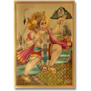 Hanuman Golden Foil Print – Sanjeevi Hanuman Wall Art for Altar, Home or Office – Framed or Unframed Hindu Decor – Spiritual Gift