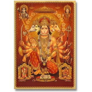 Panchmukhi Hanuman Golden Foil Print: Framed or Unframed Hindu Deity Artwork