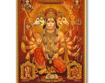 Panchmukhi Hanuman Golden Foil Print: Framed or Unframed Hindu Deity Artwork