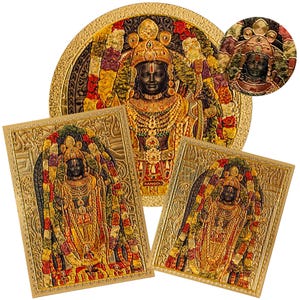 May include: Three gold-toned framed images of a Hindu deity with a black face, wearing a gold crown and jewellery, surrounded by floral garlands. The deity is depicted in a standing position in the top image and a seated position in the two bottom images. The word "KANGOLI" is printed in the top image.