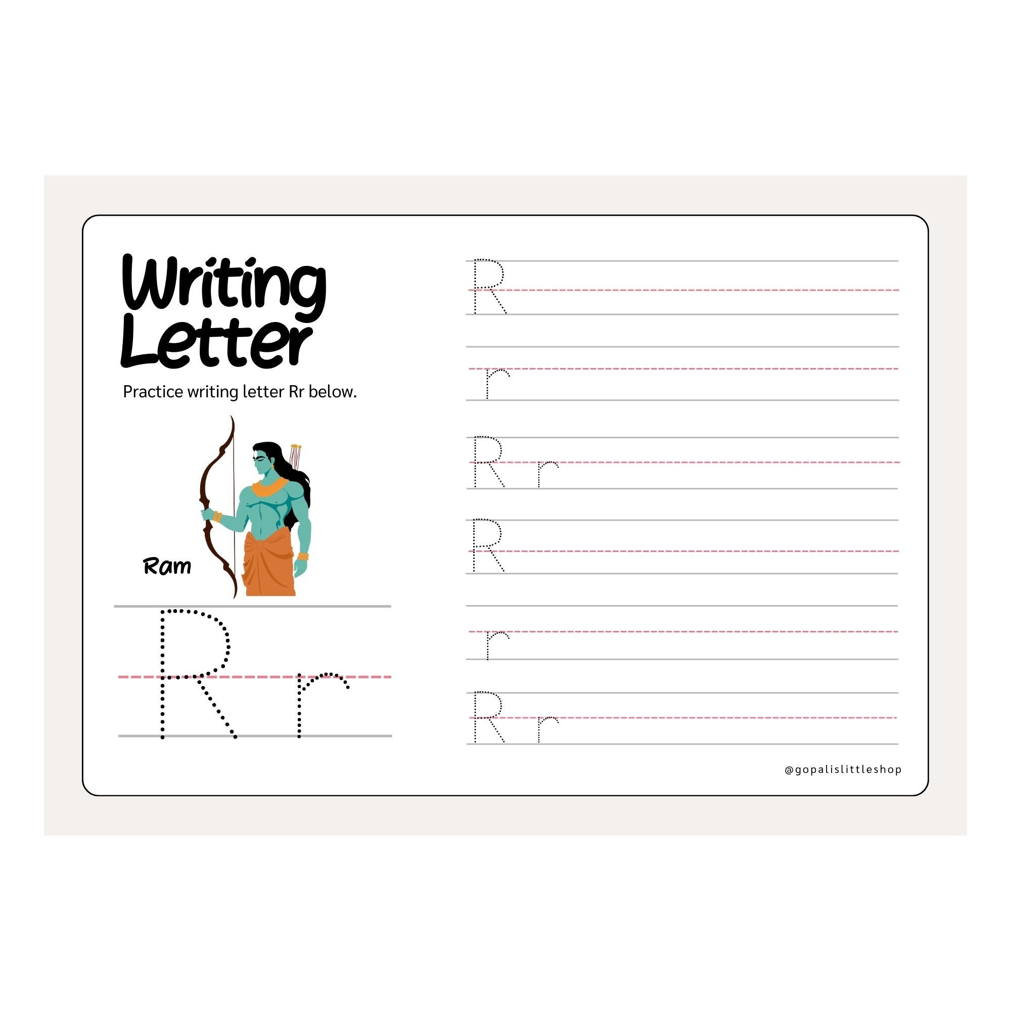 26 ABC Phonics Tracing Cards with Rama Pictures, Preschool - Kindergarten Handwriting and Phonics