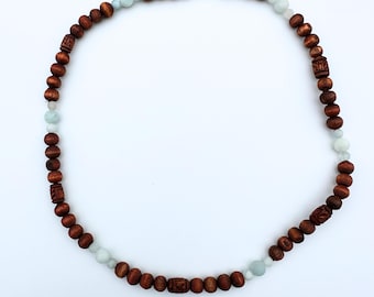Tulsi Necklace with Radha Engraved Beads and Aquamarine Gemstone - 16.5 inches (42 cm)