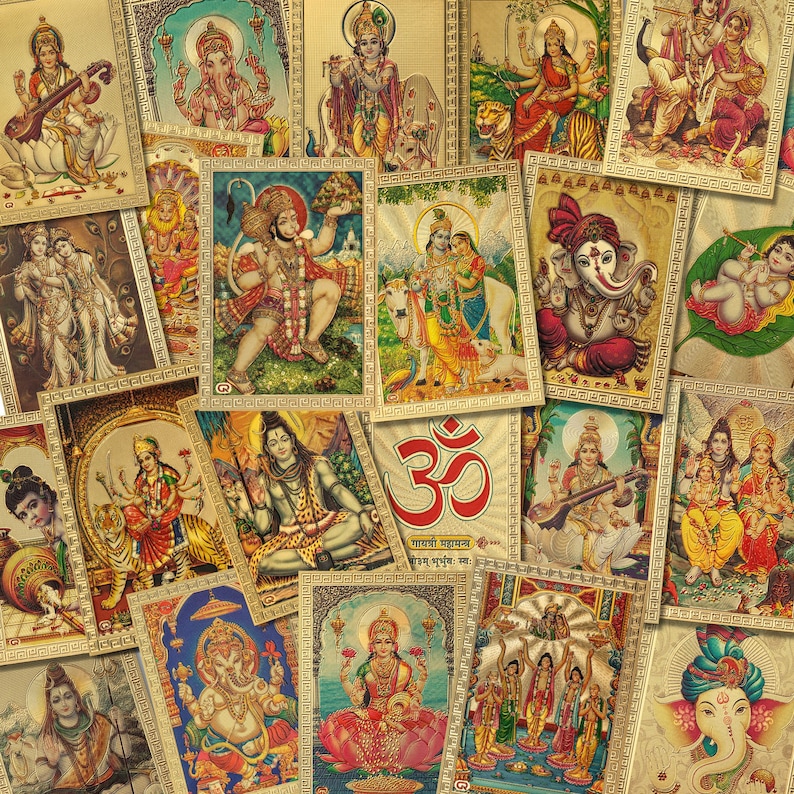 May include: A collage of colorful images depicting Hindu deities, including Ganesha, Shiva, and Lakshmi. The images are framed in gold and have a traditional Indian style.