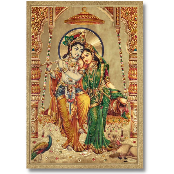 Radha Krishna Golden Foil Print, Framed or Unframed