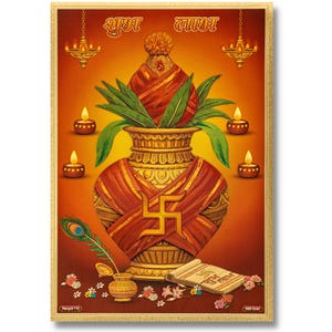 Op de afbeelding: Een traditionele Indiase illustratie van een gouden pot met een rode doek en een swastika-symbool. De pot is versierd met groene bladeren en omringd door brandende kaarsen. De tekst "Shubh Labh" staat in het Hindi bovenaan de afbeelding.