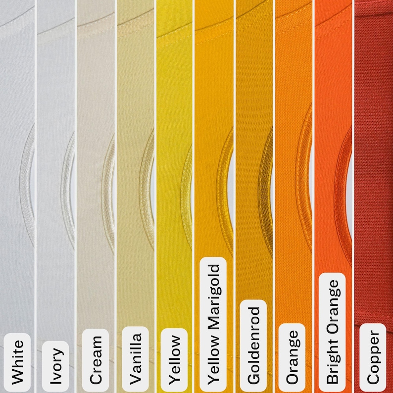 May include: A color palette featuring nine fabric swatches in shades of white, ivory, cream, vanilla, yellow, yellow marigold, goldenrod, orange, bright orange, and copper. Each swatch has a rounded neckline.