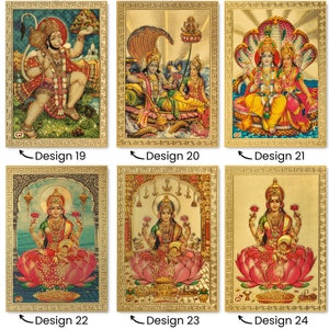 May include: Six different gold-framed images of Hindu deities. The images are on a white background. The images are of Hanuman, Vishnu and Lakshmi, Shiva and Parvati, and Lakshmi. The images are all in a similar style, with a gold frame and a colorful background.