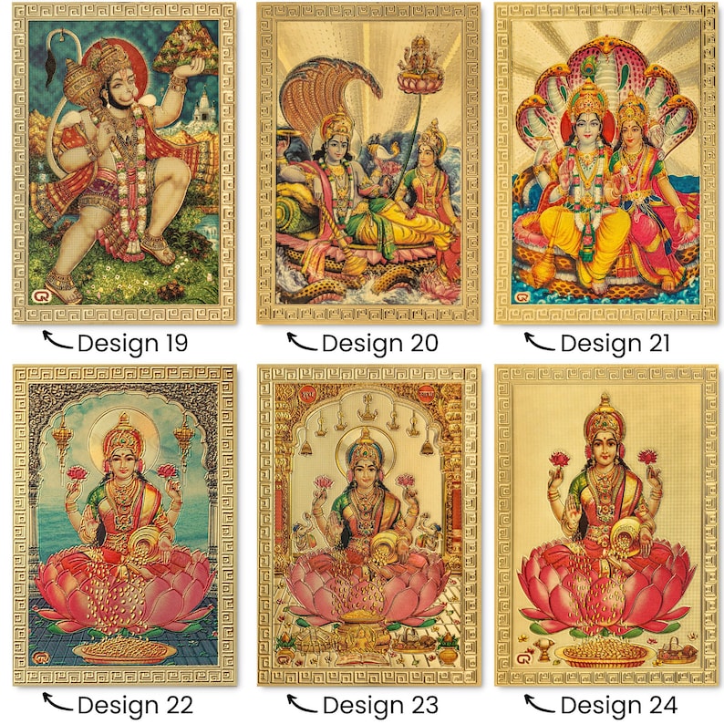 May include: Six different gold-framed images of Hindu deities. The images are on a white background. The images are of Hanuman, Vishnu and Lakshmi, Shiva and Parvati, and Lakshmi. The images are all in a similar style, with a gold frame and a colorful background.