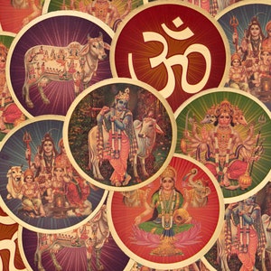 hinduistische Götter Aufkleber, Krishna Aufkleber - Gopala, Shiva, Hanuman, Lakshmi, Kamadhenu & Om - goldene Folie, Größe - 8 cm x 8 cm