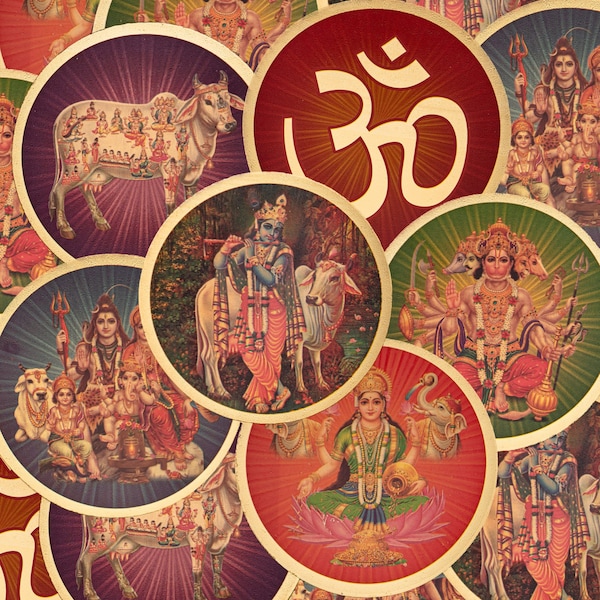 Hindu Gods Stickers, Krishna Stickers - Gopala, Shiva, Hanuman, Lakshmi, Kamadhenu & Om - Golden Foil, Size - 3.1″ x 3.1″ / 8cm x 8cm