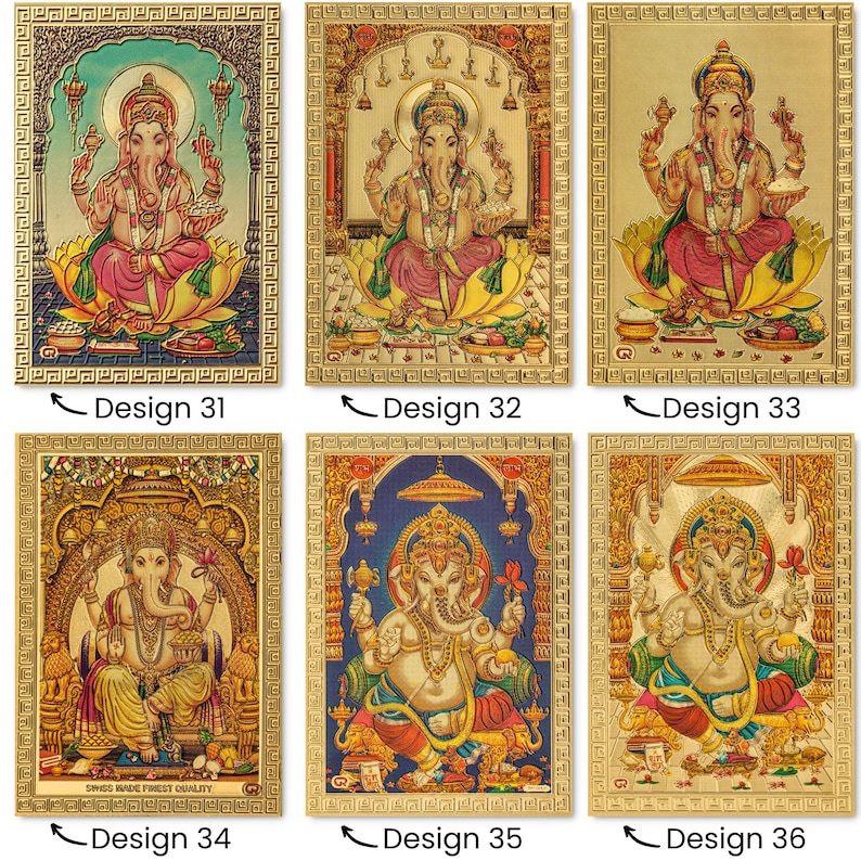 May include: Six different designs of gold-framed images of the Hindu deity Ganesha. Each image features Ganesha sitting on a lotus flower with a golden halo and intricate details.