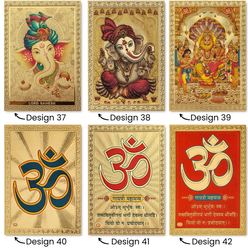 May include: Six gold-framed images with a variety of Hindu deities and symbols. The images are on a white background. The images include Lord Ganesha, Om, and a group of deities.