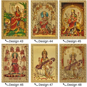 May include: Six gold-framed images featuring Hindu deities. Each image has a gold background with a decorative border. The images depict various goddesses, including Durga, Saraswati, and Lakshmi. The text "जय माता दी" is visible in one of the images.