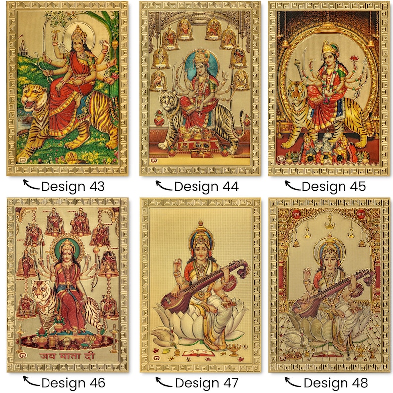 May include: Six gold-framed images featuring Hindu deities. Each image has a gold background with a decorative border. The images depict various goddesses, including Durga, Saraswati, and Lakshmi. The text "जय माता दी" is visible in one of the images.