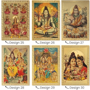 May include: A set of ten gold-framed images featuring Hindu deities. The images depict various gods and goddesses, including Shiva, Parvati, and Ganesha. The images are all in a traditional style and are surrounded by ornate gold frames.