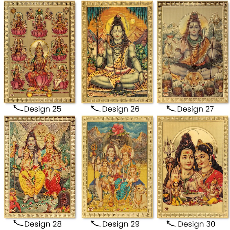 May include: A set of ten gold-framed images featuring Hindu deities. The images depict various gods and goddesses, including Shiva, Parvati, and Ganesha. The images are all in a traditional style and are surrounded by ornate gold frames.