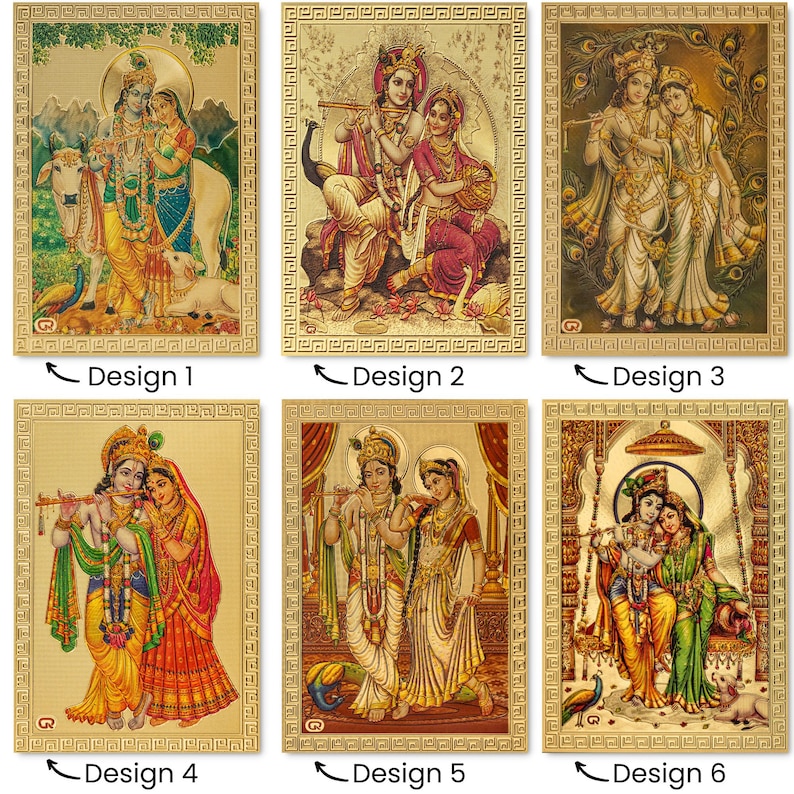 May include: Six different designs of gold-framed images featuring a couple in a traditional Indian style. The images depict a couple in various poses, including standing, sitting, and playing music. The images are all set against a colorful background.