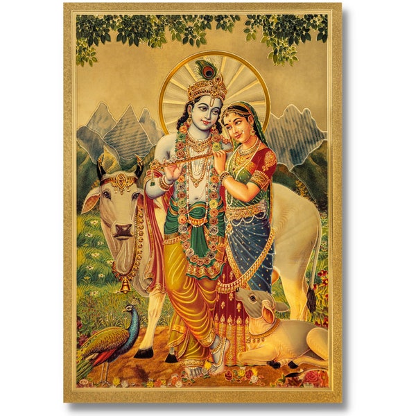 Radha Krishna Golden Foil Print, Framed or Unframed