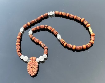 Brown Tulsi Necklace with Radha Engraved Pendant and Crystal Beads - 18.8 inches (48 cm)