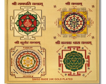 Maha Lakshmi Yantra: Wealth and Happiness, 24K Gold Plated (3.5 x 3.5 inches)