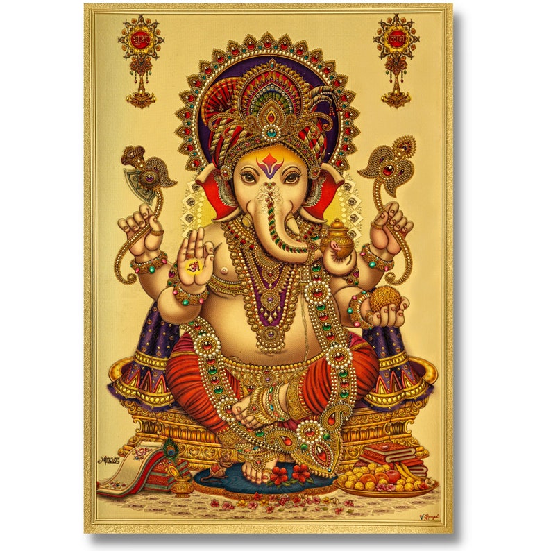 May include: A framed, gold-toned artwork depicting the Hindu deity Ganesha. Ganesha is shown seated, adorned with jewelry, and holding various symbolic objects. The artwork features vibrant colors and intricate details, with a decorative border.
