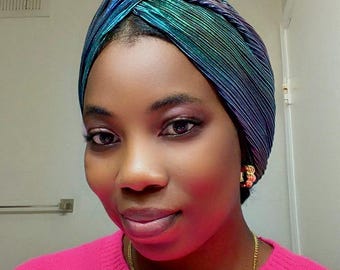 Pleated Turban Headwrap – Teal Purple African Auto Gele (Ready-to-Wear)