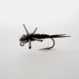 May include: A black fly fishing lure with a bead head and six legs. The lure is tied with black thread and has a black tail.