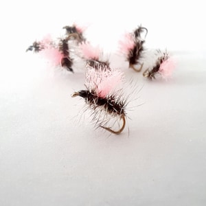 May include: A group of six pink and brown fly fishing lures with feathered wings.