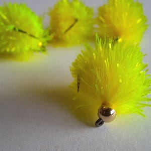 4 - Yellow Blob Fly BH. Yellow Bung Fly For Fly Fishing. Barbless Bead Head Blob For Still Water Fly Fishing.