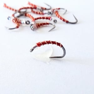 May include: Close-up of a red and silver fly fishing lure with a curved hook.