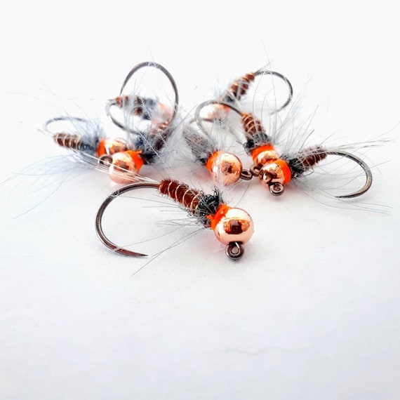 Gold tungsten brown euro jig on barbless hook - Worldwide Fly Works