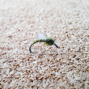 May include: A green and silver fly fishing lure with a feathered wing and a green body.