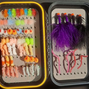 May include: A fly fishing tackle box with two compartments. The top compartment has a variety of colorful flies, while the bottom compartment has pink and purple flies.