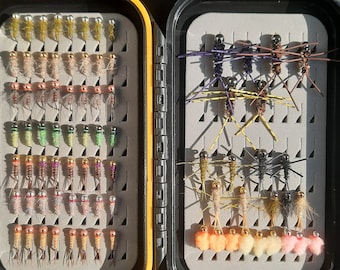 80 - Euro Nymph Assortment. Euro Style Nymphing Fly Box. Fly Fishing Fly Assortment. Tungsten Barbless Jigs.