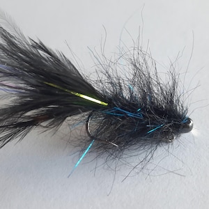 May include: A black fly fishing lure with iridescent blue and green accents. The lure has a long tail of black feathers and a small black bead head.