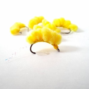 May include: A close-up of five yellow fly fishing lures with a fuzzy texture. The lures are tied on hooks and are ready to be used for fishing.