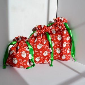 Red Christmas Reusable Drawstring Bags | Christmas Eve Bags | Eco Friendly Gift Bag | Santa Sustainable Gift Bag | Gift Wrap | Xmas Sack