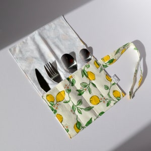Lemon Eco Friendly Cutlery Wrap | Travel Cutlery Holder | Reusable Cutlery Roll | Zero Waste | Camping Wrap | Cutlery Pouch | Utensil Holder