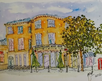 Greeting card, Montpellier Wine Bar, Cheltenham, blank inside, white envelope, cellophane sleeve