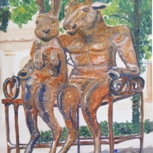 May include: A watercolour painting of a brown rabbit and a brown bull sitting on a metal bench. The rabbit is on the left and the bull is on the right. The bull has a muscular body and a large head. The rabbit has long ears and a fluffy tail. The bench is made of metal and has a curved back.