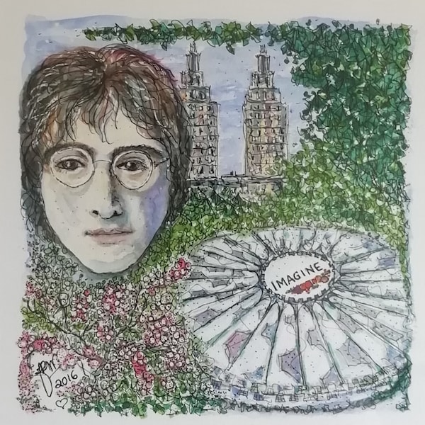 John Lennon - a Tribute, Original Watercolour and Ink, cream mount with glass in Black frame